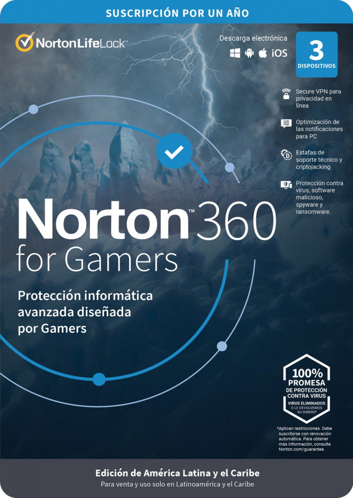 LICENCIA ANTIVIRUS NORTON 360 FOR GAMERS ND 50GB LA 1 USUARIO 3 DISPOSITIVOS SIN GARANTIA