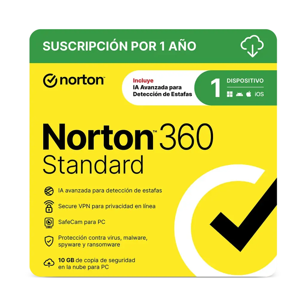 LICENCIA ANTIVIRUS NORTON 360 STANDARD PERSONAL 1 DISPOSITIVOS 21414734 SIN GARANTIA