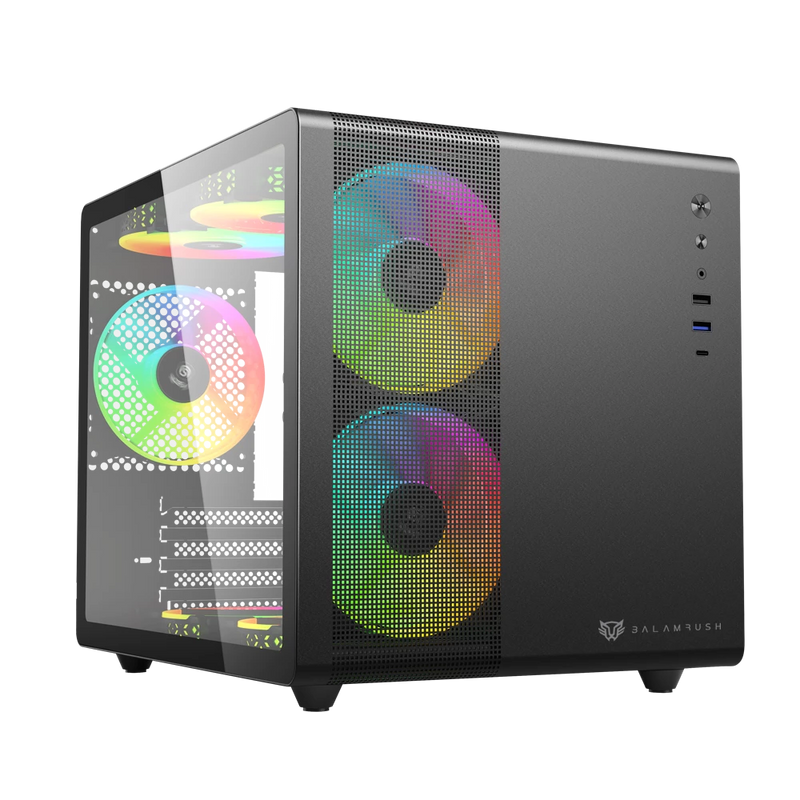 archivar 101224GABINETE BALAM RUSH TANK MINI GI930 NEGRO M-ATX RGB VENTS 3VENT CRISTAL S/FUENTE BR-936033 11M DE GARANTIA