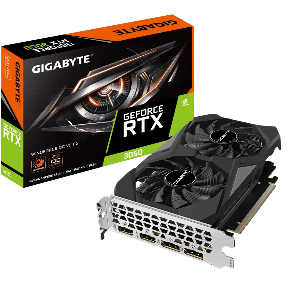 TARJETA DE VIDEO NVIDIA GEFORCE RTX3050 6GB OC GDDR6 GIGABYTE WINDFORCE GV-N3050WF2OCV2-6GD 12M DE GARANTIA