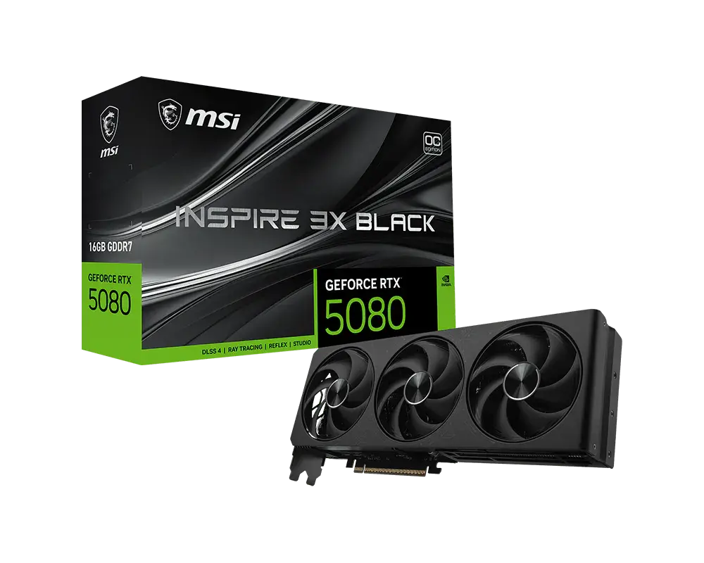 TARJETA DE VIDEO NVIDIA GEFORCE RTX5080 16GB OC GDDR7 MSI INSPIRE 3X RTX 5080 16G INSPIRE 3X OC BLACK 12M DE GARANTIA