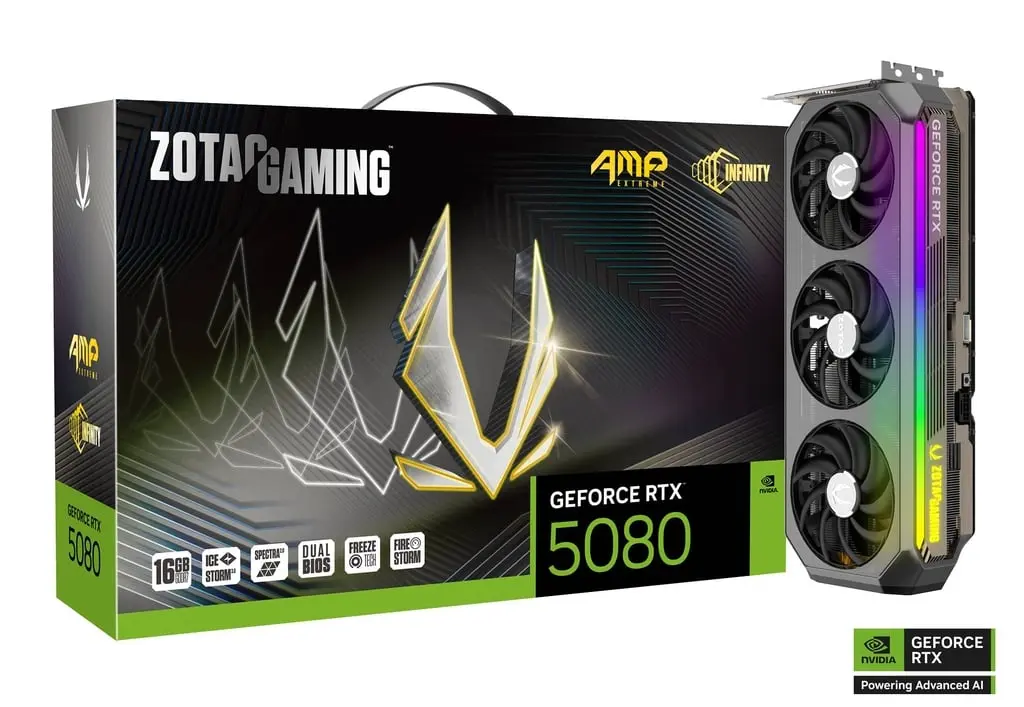 TARJETA DE VIDEO NVIDIA GEFORCE RTX5080 16GB GDDR7 ZOTAC GAMING AMP EXTREME INFINITY ZT-B50800B-10A 12M DE GARANTIA
