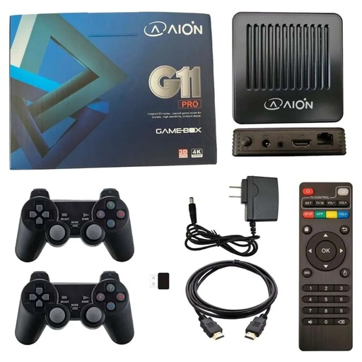 [0702735761958] CONSOLA TV GAMEBOX PLAYER AION NEGRO 38000 JUEGOS 3D C/2 CONTROLES 2GB DDR3 64GB ANDROID 9.1 HDMI 3M DE GARANTIA